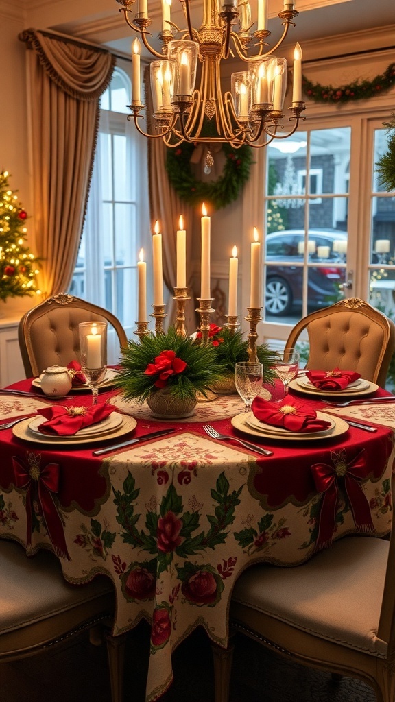A Christmas table setting with a festive tablecloth, candles, and decorative ornaments.
